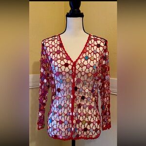 VINTAGE BEADED MAGIC CIRCLE Crochet Cardigan; Red - VERY RARE; M/L; NWOT.